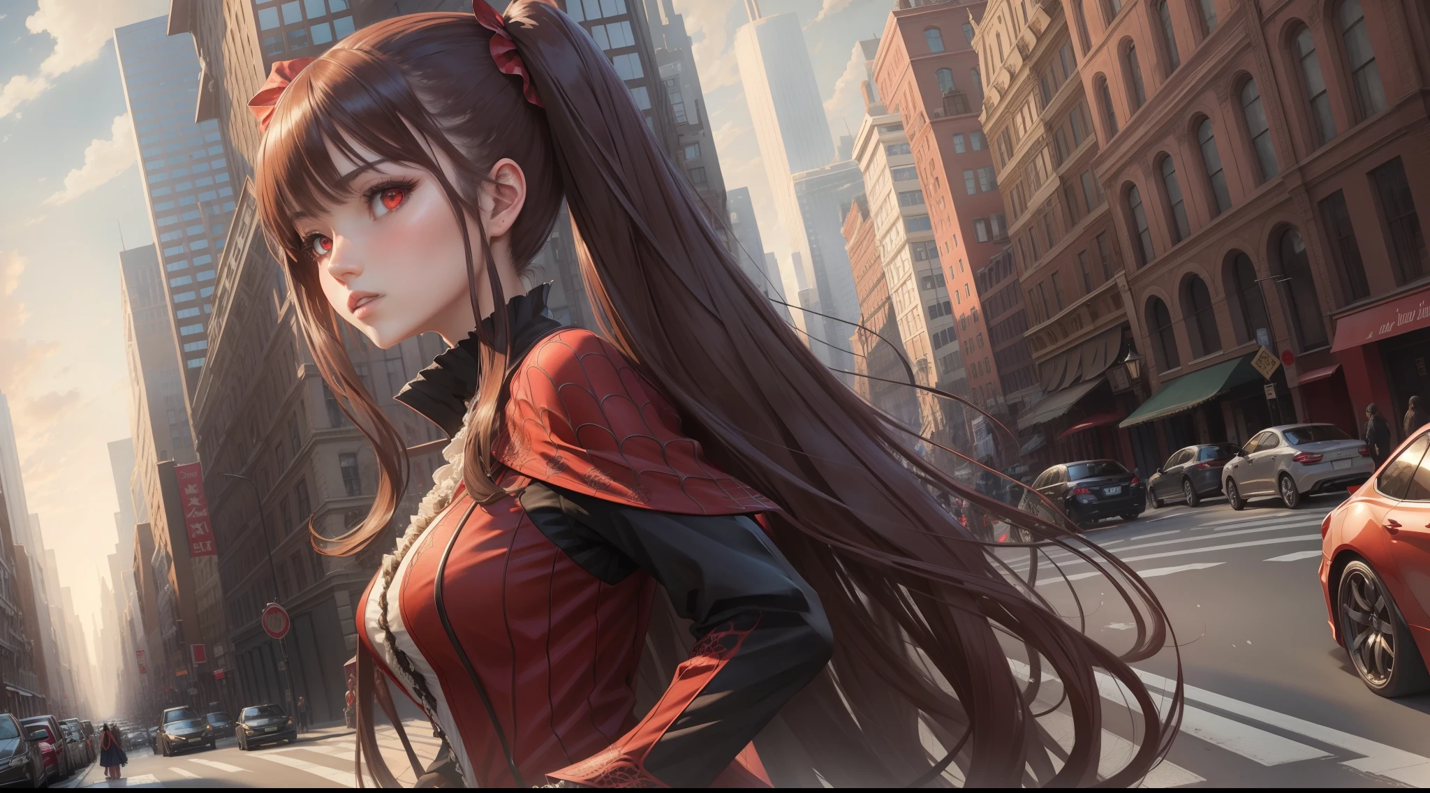 (masterpiece, best quality), intricate details, 8k, artstation, wallpaper, official art, splash art, sharp focus,, 1girl, long hair, twin tails, red eyes, brown hair, , spider suit, spider web printing, spider web, , skyscrapers, city, buildings, cars, street,