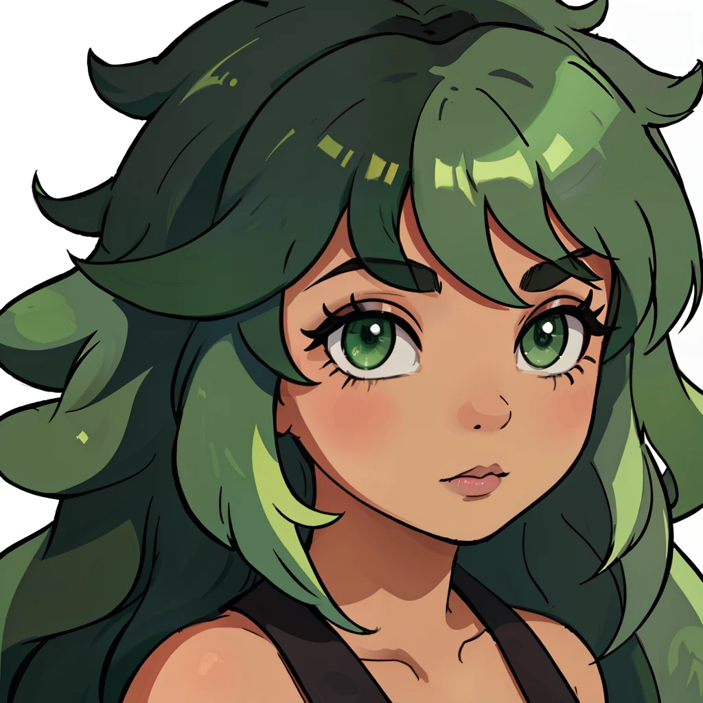 Half Filipino half black, tanned skinned, big curly hair, wispy wild hair, mid length hair, round nose, green hair, full lips, light green eyes, long lashes, slant eyes,