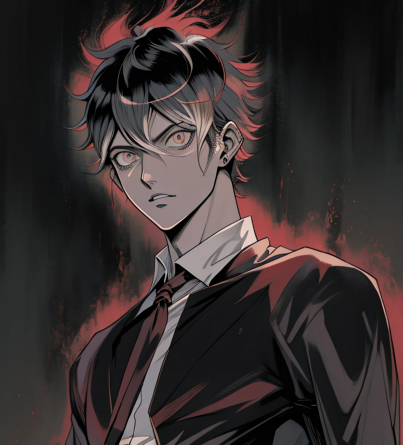 Anime man over 40 years old, curly hair, black color with dark red highlights, Red eyes, a kind and cynical smile, black suit, blood stained.