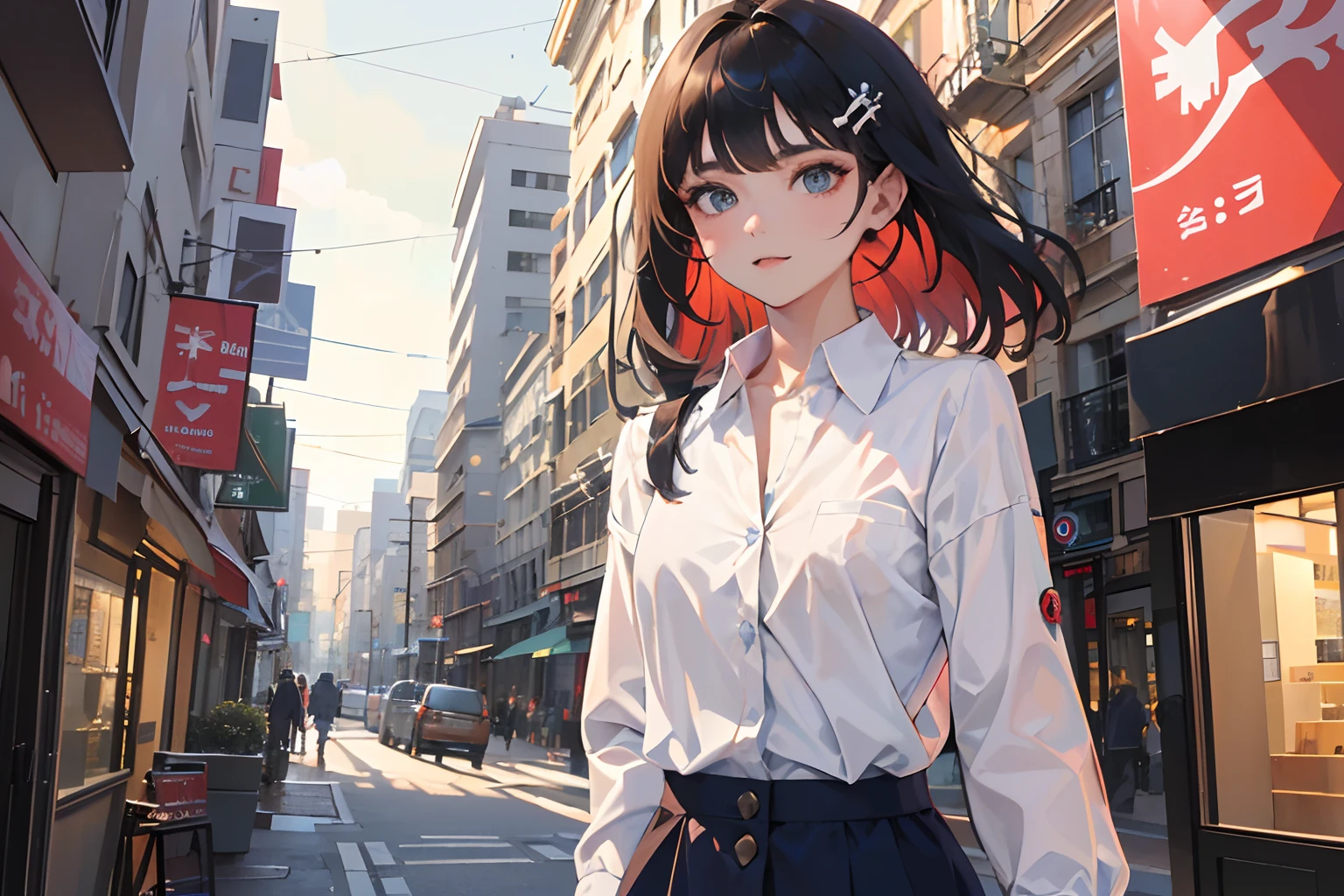 (olhos lindos finamente detalhados e rosto detalhado, Side lighting masterpiece, obra-prima, melhor qualidade, Detailed, high-resolution illustration), (urban technological clothing, Mystical background, cidade ensolarada), (1 garota, bishoujo, pele lustrosa, olhando para baixo, olhando no espectador), (cabelo branco, olhos dourados, saia curta, fita, button-up shirt)