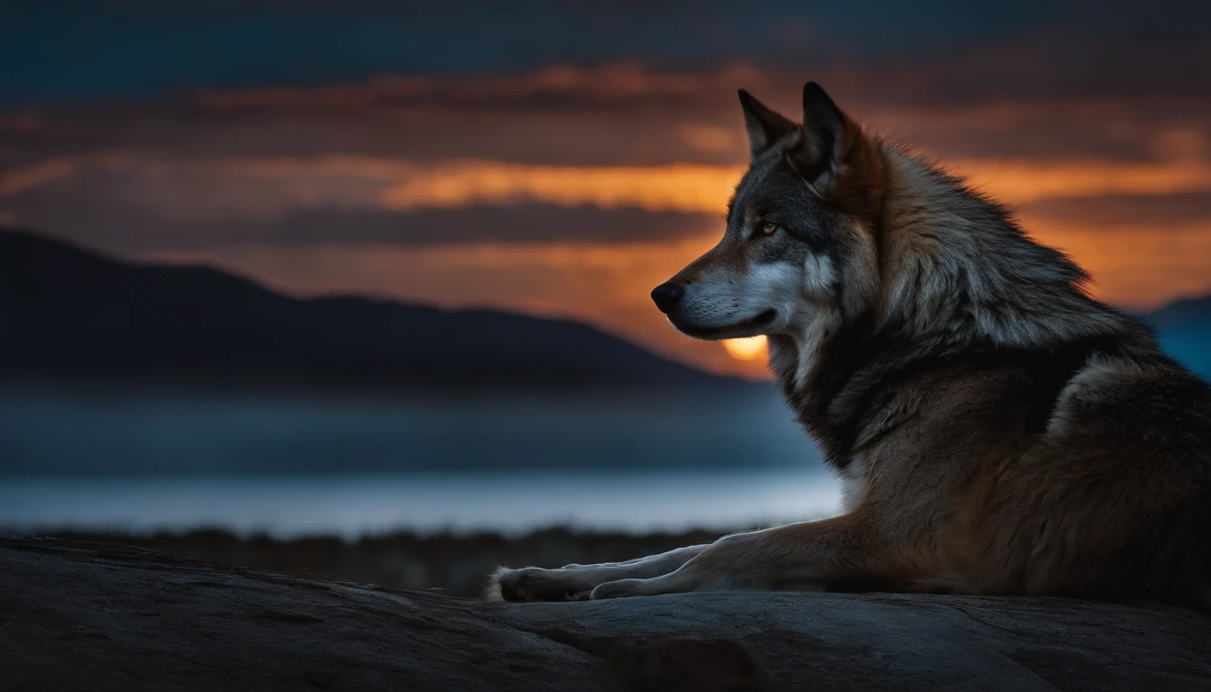 a lone wolf looking closely at the camera, night, cinematic