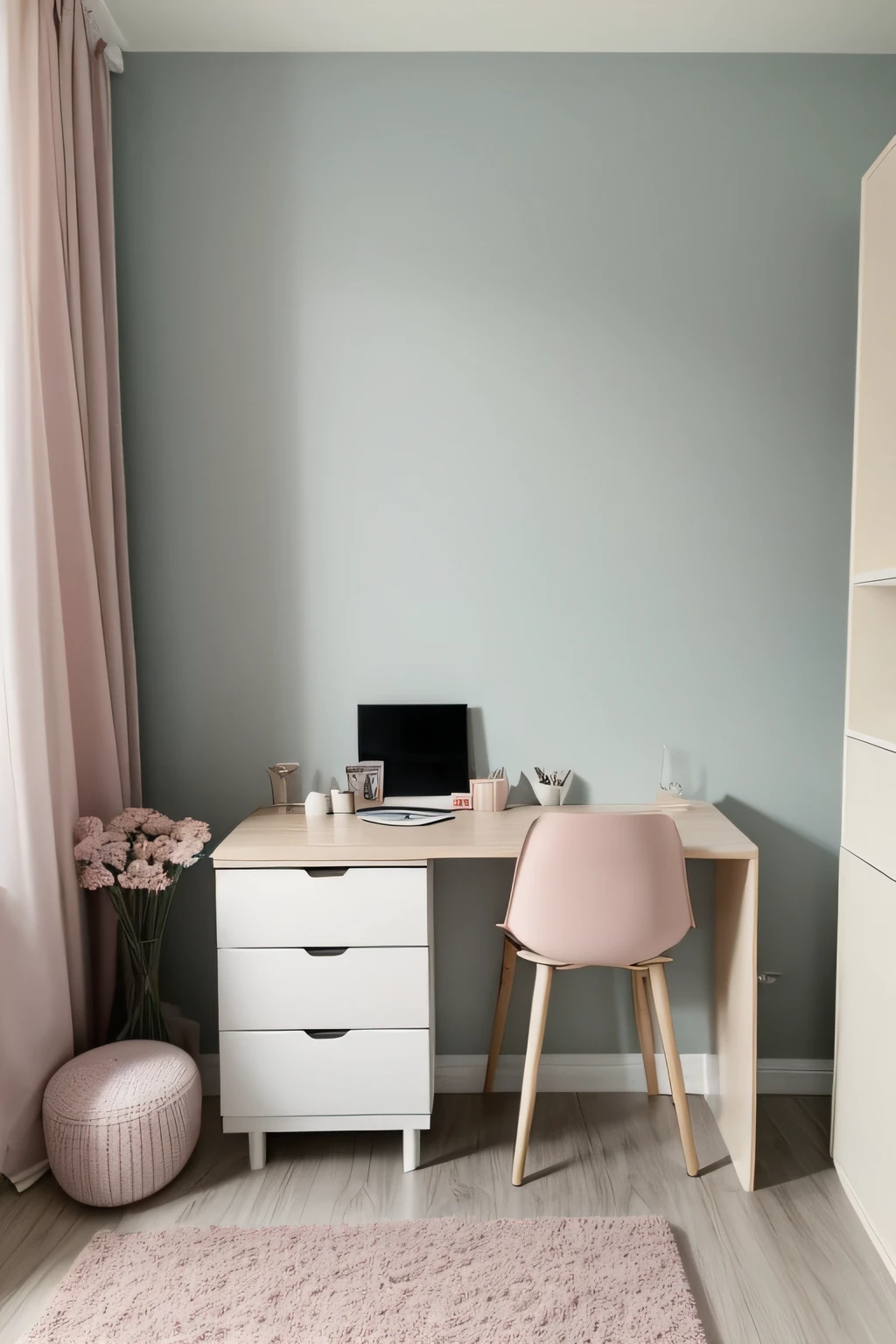 25 years old girl's room with minimal furniture and no people, a make up table, without any direct sunlight or daylight effect. Tags: one vase, one painting, one drawer, minimal furniture,, one-tone color scheme, no sun, no daylight. From the point of view of a person in front of a parallel wall of the camera, for background