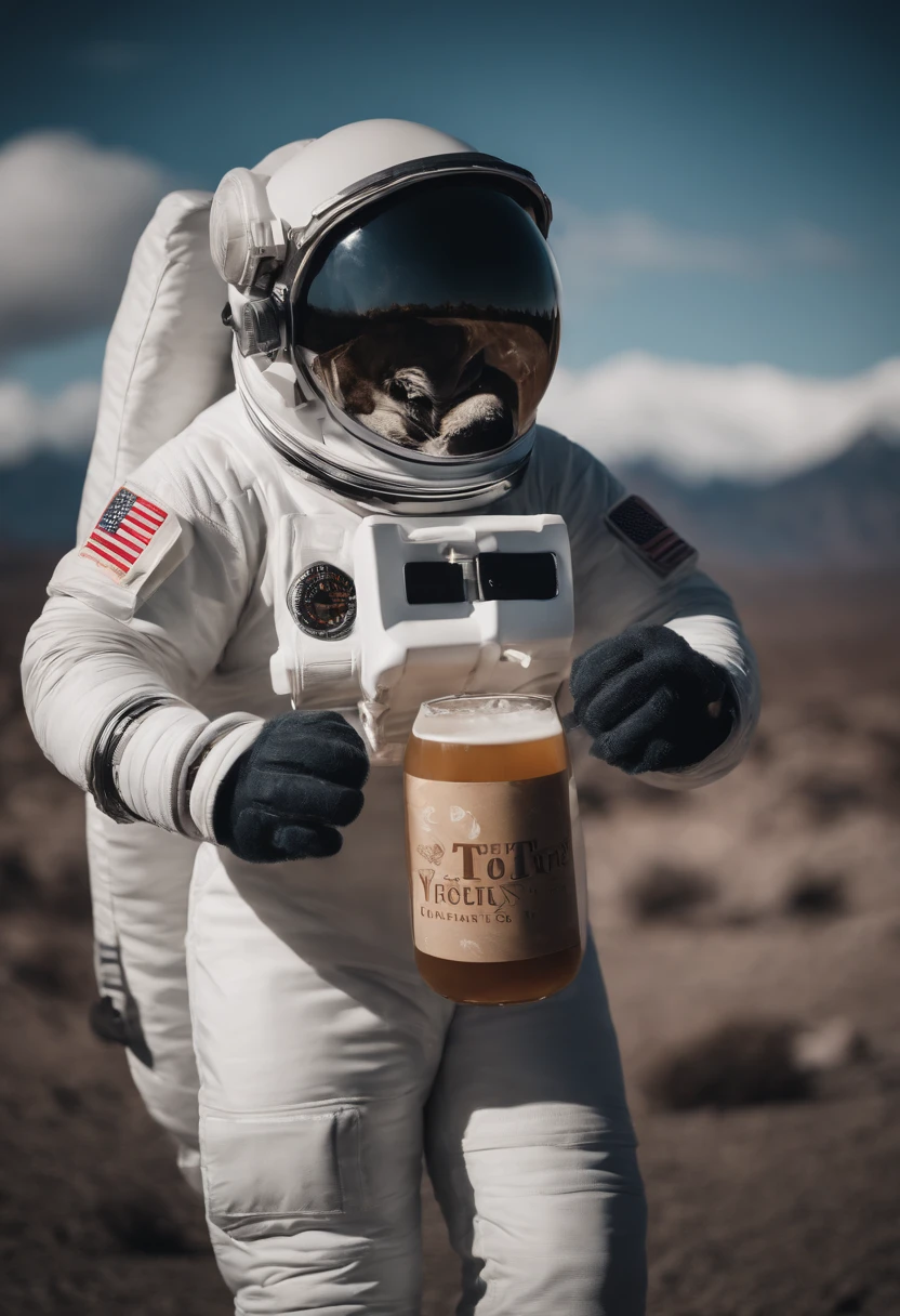 A Yeti themed Astronaut costume, yeti head, floating in space, empty space, in the distant center holding a beer, 1/4 of blurred earth in the background, depth of field, beer focus, minimalist photo