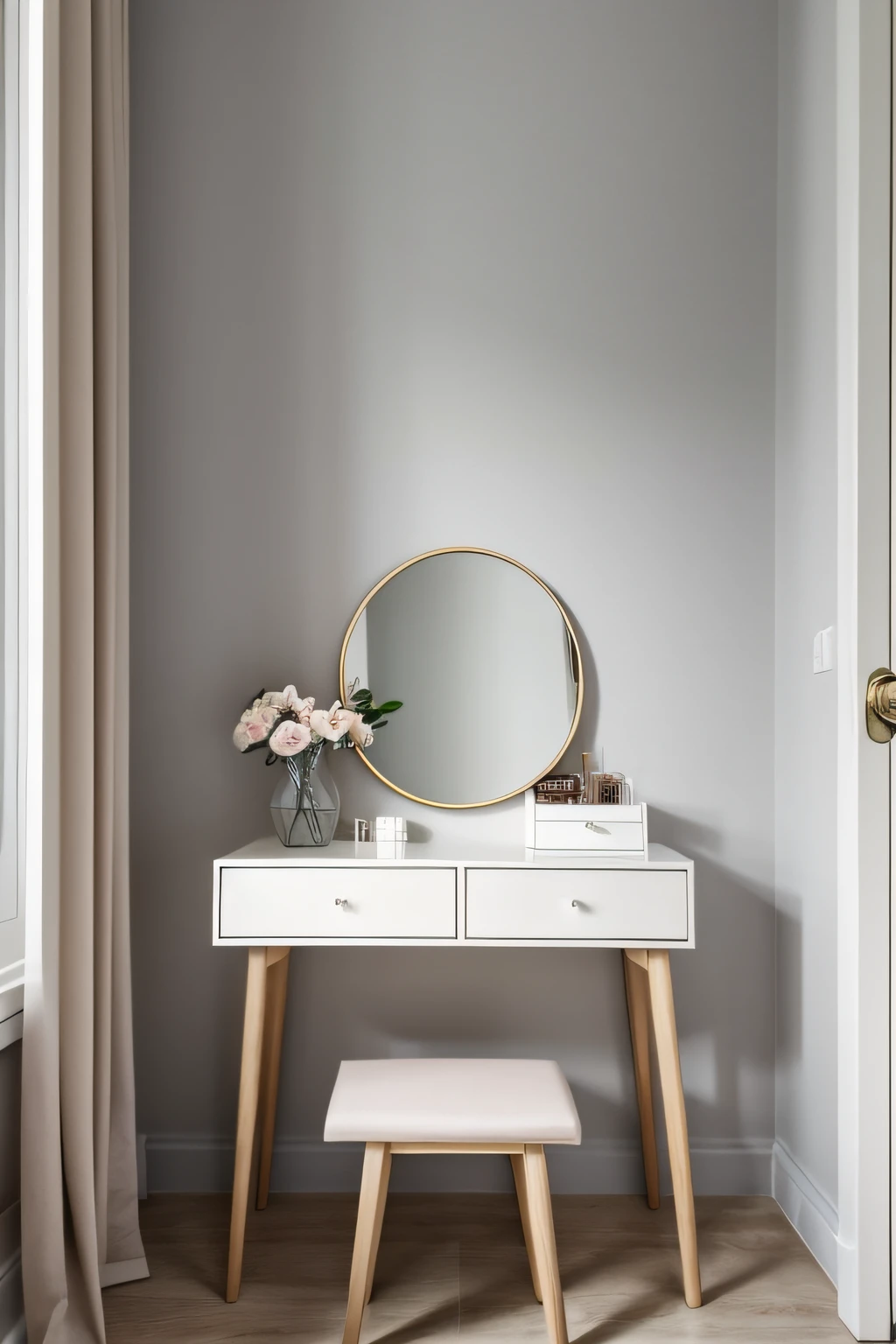 25 years old girl's room with minimal furniture and no people, a make up table, without any direct sunlight or daylight effect. Tags: one vase, one painting, one drawer, minimal furniture,, one-tone color scheme, no sun, no daylight. From the point of view of a person in front of a parallel wall of the camera, for background