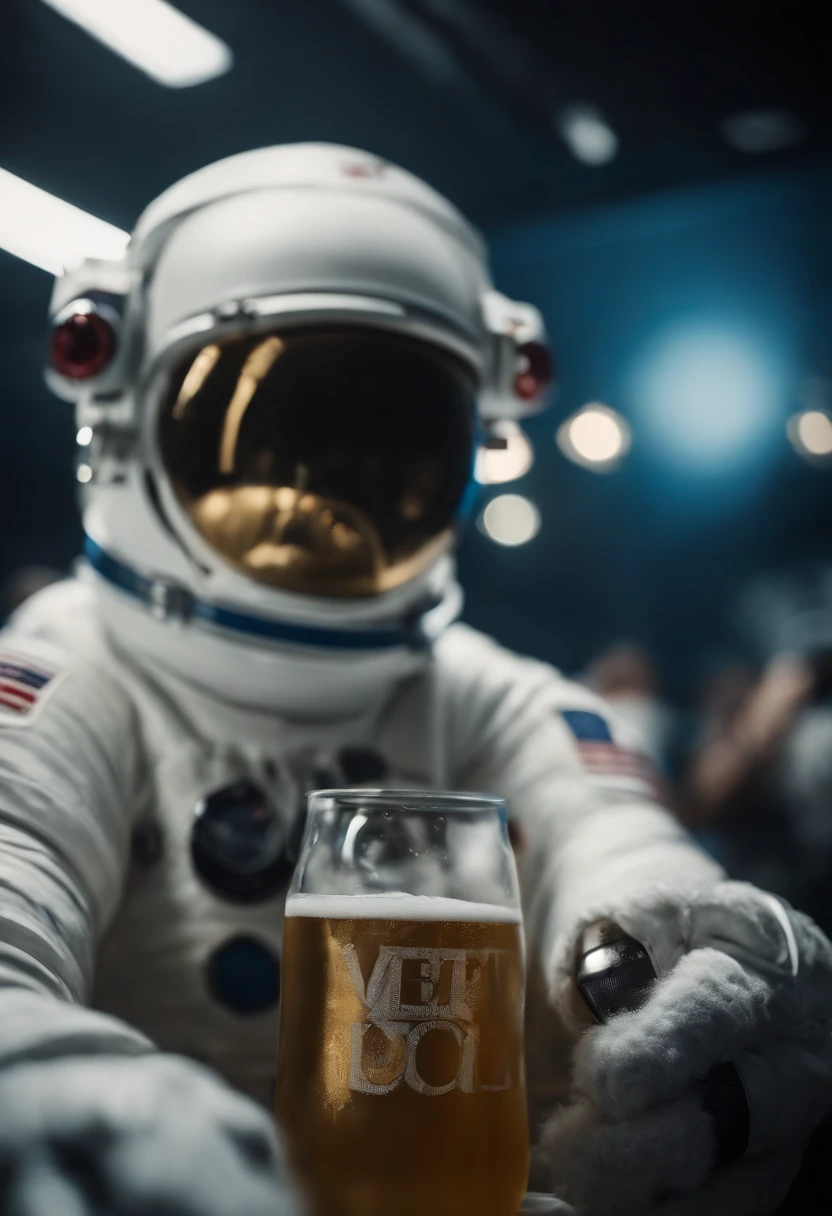 A Yeti themed Astronaut costume, yeti head, floating in space, empty space, in the distant center holding a beer, 1/4 of blurred earth in the background, depth of field, beer focus