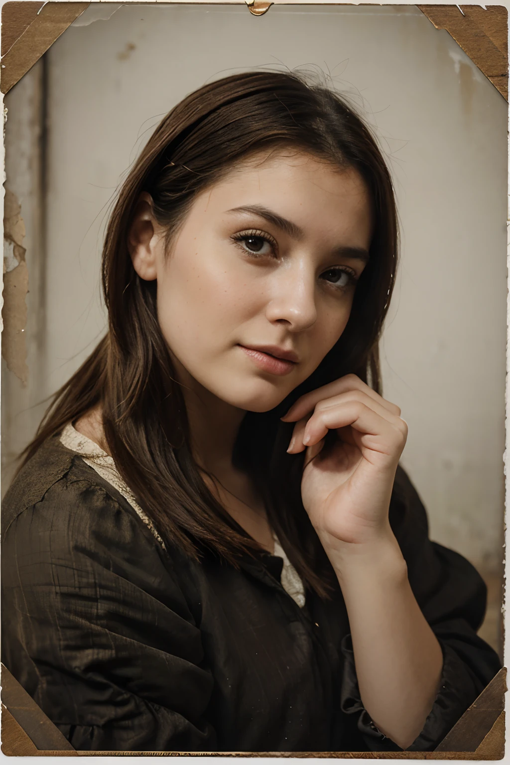 a closeup of a young woman's face, pose with her hand on her chin on a piece of paper, realistic old photograph, realistic old photo, grainy damaged photo, on old paper, aged photo, old photo, damaged photo, very old photo, old photo, post grunge portrait, inspired by Anna Füssli, old photography, looks ebru sahin, restore.