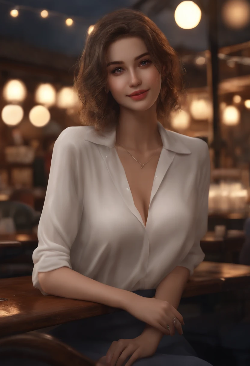 Picture of a French woman. Fit face. Sharp chin, photography, raw photo, masterpiece, extremely detailed photo, DSLR, photorealistic 1.4, ultra hi res, best quality, full body picture, tall, toned, busty, slender body, bright blue minidress, 20 years old, black hair, pulled back hair, bright blue eyes, detailed and textured skin, 16k resolution, depth of field, pink lips, sharp cheekbones, high cheekbones, perfect makeup, face, sharp nose, dynamic posture, in a crowded bar, wearing a black sweater dress, drinking a glass of wine, black dress, red wine