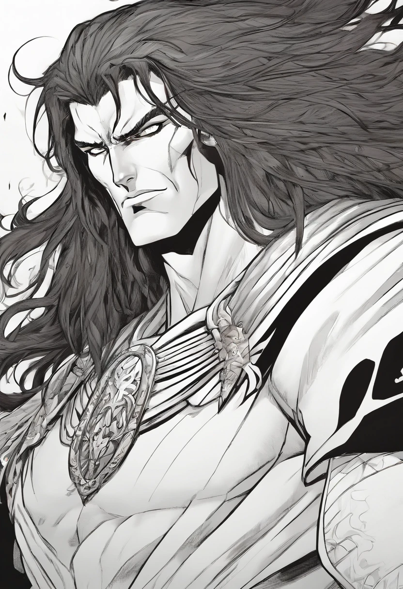 Male with long red hair. black vein markings from the eyes onto the cheeks. black claws down to the elbows. black cloak with white X markings. tall and muscular. fully black eyes, has third eye that is also fully black. one piece style.