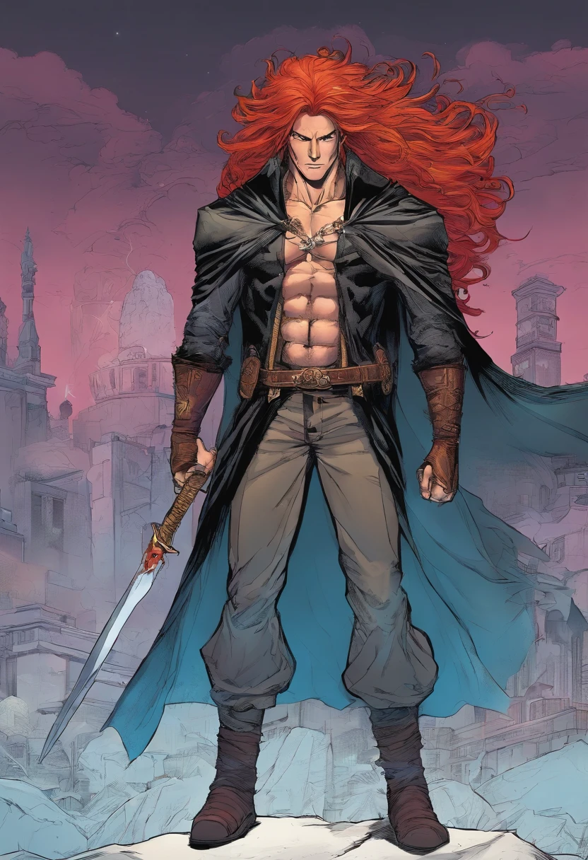 Male with long red hair. black vein markings from the eyes onto the cheeks. black claws down to the elbows. black cloak with white X markings. tall and muscular. fully black eyes, has third eye that is also fully black. one piece style.