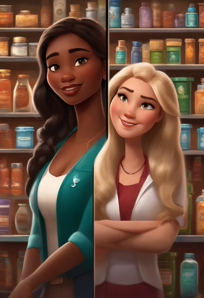 disney pixar, 2 pharmacists female, one has long hair and is african american , the other is white asian medium hair, cellphone aplication , health , laws and drugs