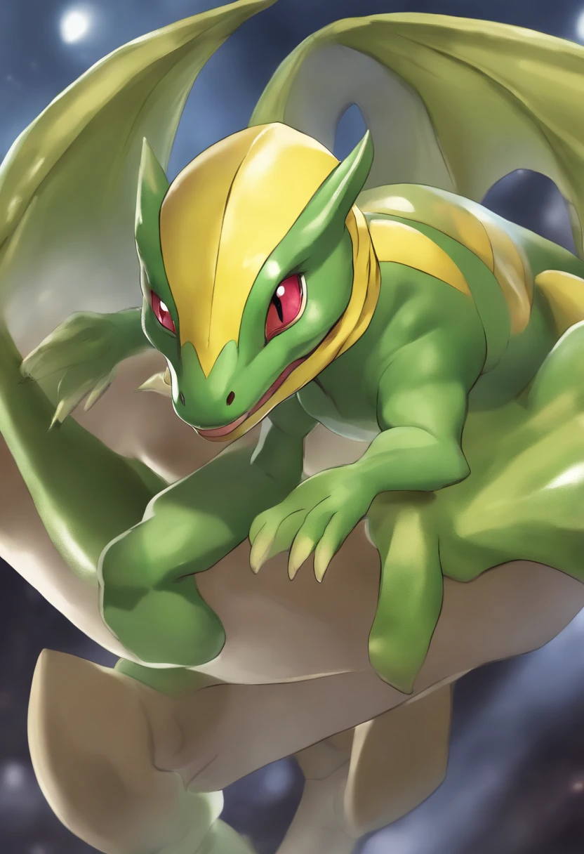 (Best Quality, Masterpiece), solo, (lizard-like pokémon, humanoid body, muscle, green and yellow body, lizard-like pokémon), classic square anime eyes, yellow eyes, magenta iris, yellow fighting gloves on hands (Cartoon: 1.5)
