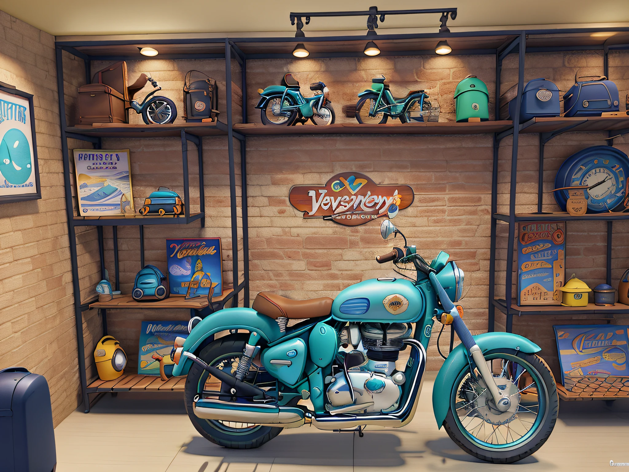 poster no estilo disney pixar. uma motocicleta royal enfield classic 500 verde, no funkdo uma estante com capacetes e juke box, no estilo disney pixar, melhor imagem, melhor qualidade
