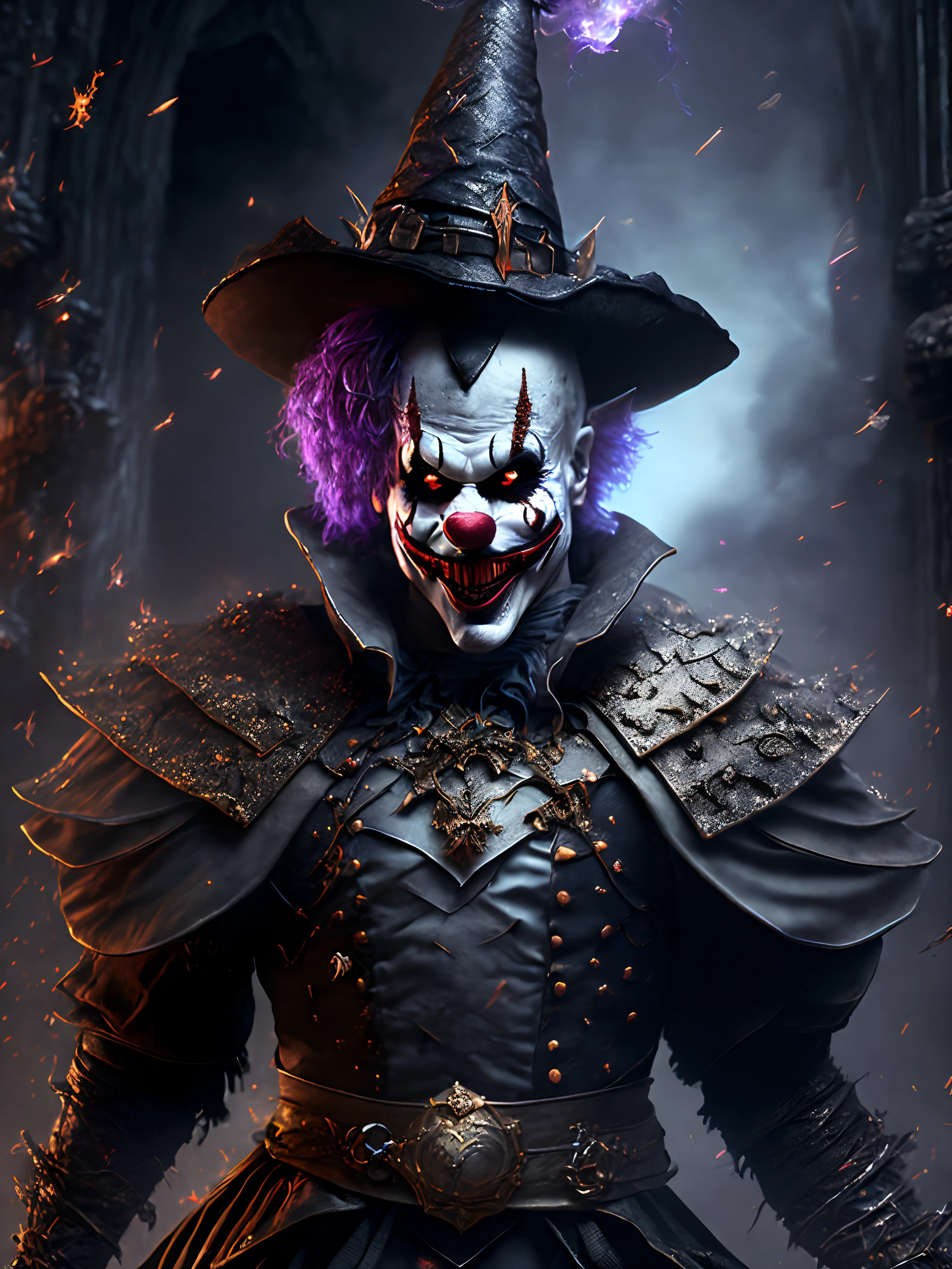 Close-up ( Killer-clown wearing a witch costume from Friday 13th in Goth style: 1.3) emerging from the witches castle, extremely detailed, smoke, sparks, metal shavings, flying debris, volumetric light