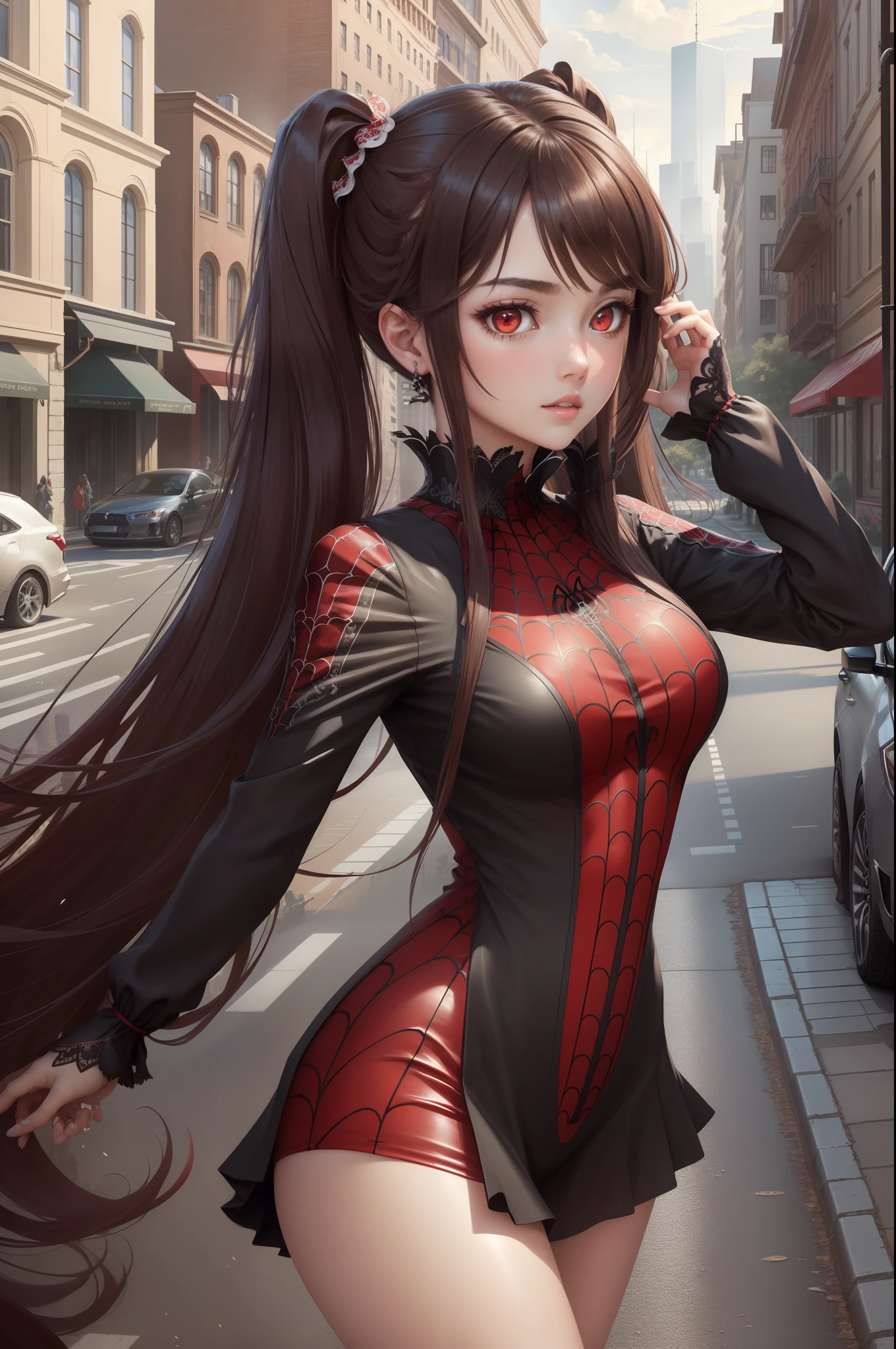(masterpiece, best quality), intricate details, 8k, artstation, wallpaper, official art, splash art, sharp focus,, 1girl, long hair, twin tails, red eyes, brown hair, , spider suit, spider web printing, spider web, , skyscrapers, city, buildings, cars, street,