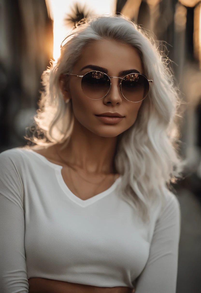 There's a woman with white hair and street clothes posing, bespectacled, sorrindo, corpo inteiro, Modelo feminina de 24 anos, do cabelo prateado, meninaabelo branco, Posando, menina com cbranco curto, In the light of a building, por do sol, Ultra sharp focus, Filmagem realista, Women's clothing
, ((filmic grain, detalhes da pele, textura de pele altamente detalhada, 8K HDR, DSLR)), white sneakers, brilhante,