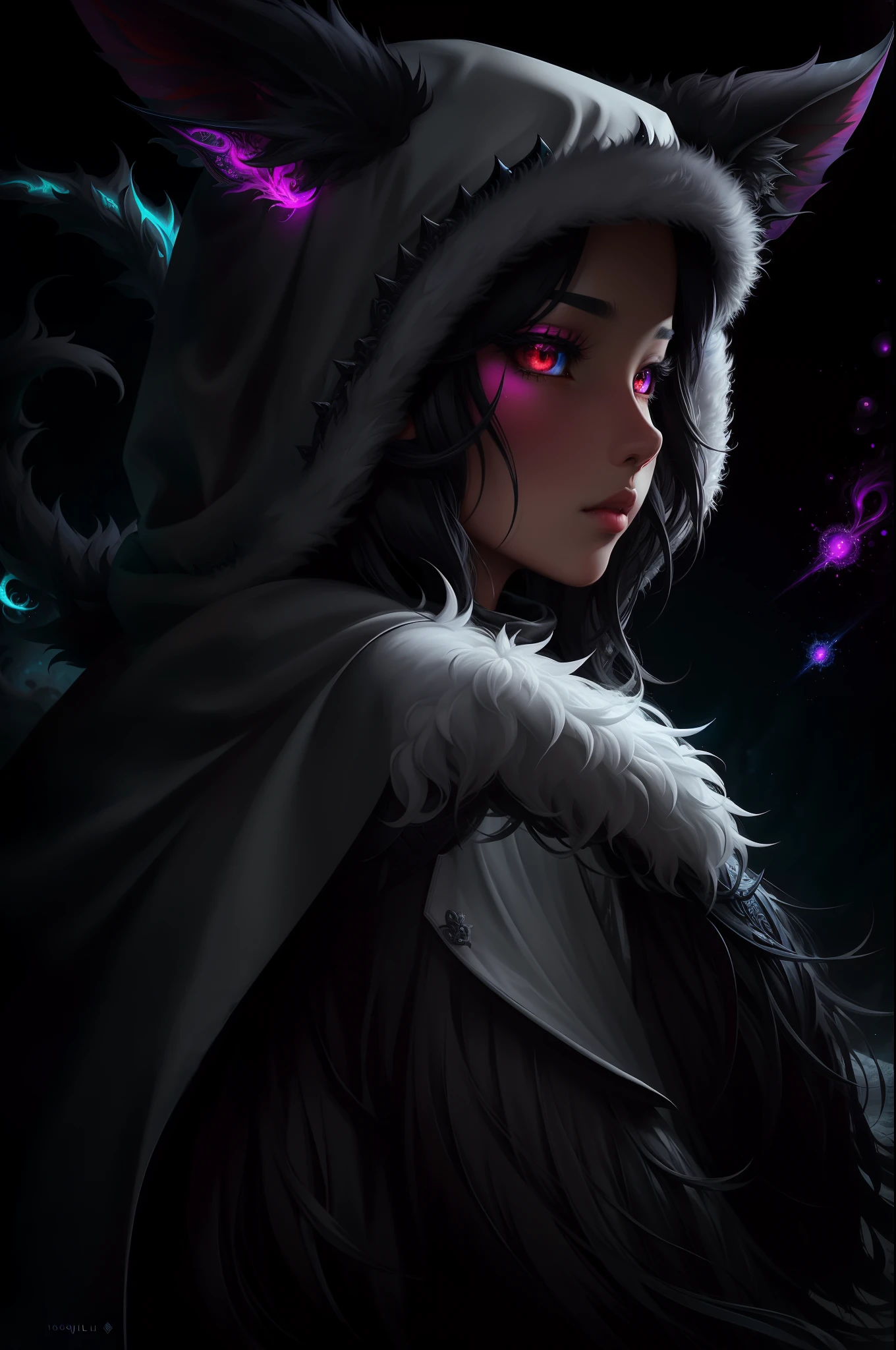 （hoang lap，A high resolution，hyper detailled），Black Soul theme，Off-white，Fur trimmed cape，Fluffy Tail, Elf，Background of details，Cold moon，boundage, Anime style，intricate-detail，Aura of evil，Diablo color theme，（offcial art，Beauty and aesthetics：1.2），（Dark art，erode，s fractal art：1.3），rich colourful，horryfing，highest details