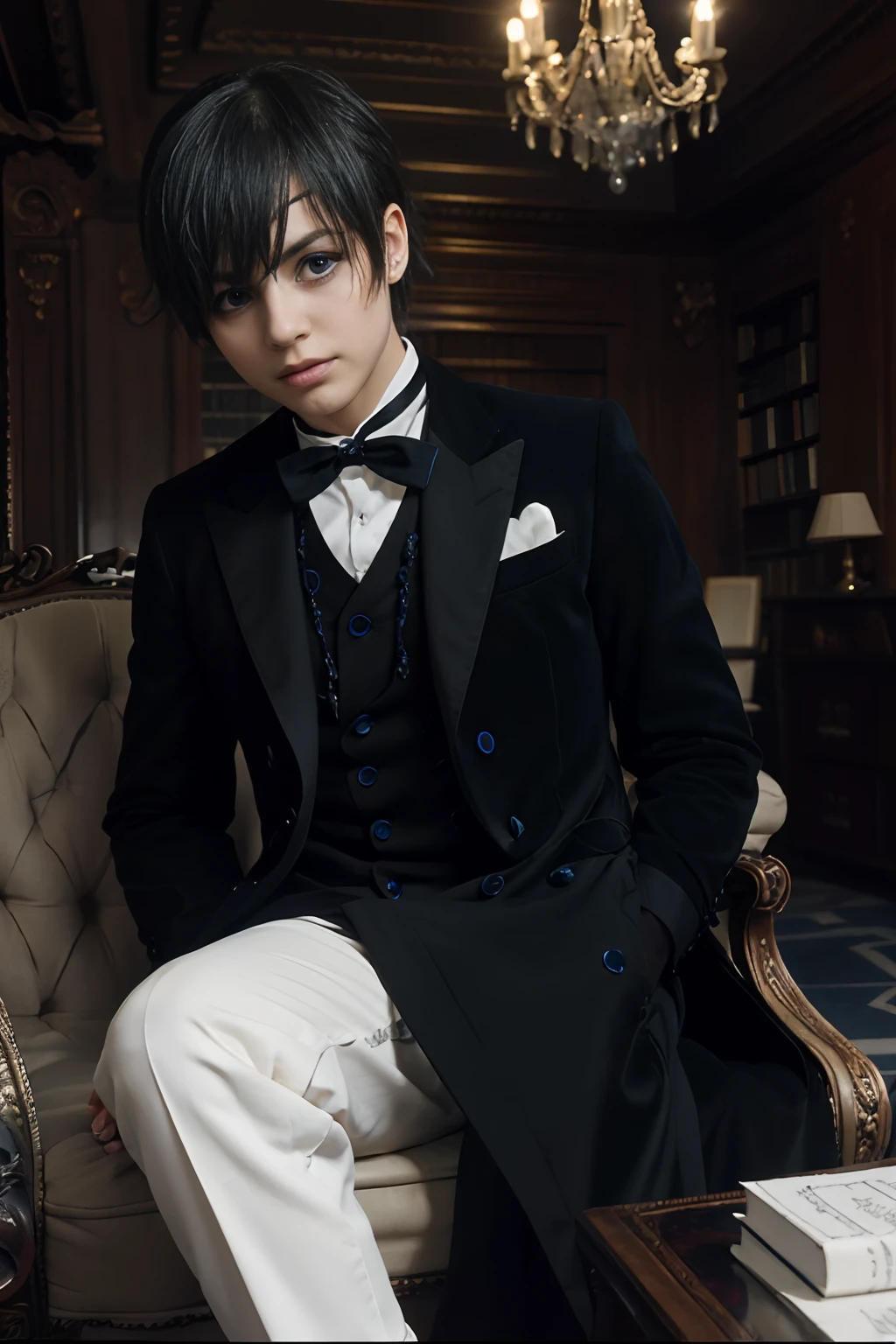 And Anime "Black Butler".(Best Quality,4k,highres),(Realistic:1.37) Intense look,eyes blue,Short, neatly styled black hair,Adorable detailed lips,(bright colours),(bokeh),Elegant Victorian clothing,Suitable black tail coat,Bright white shirt,black dress pants,Polished black matte shoes,Embroidered silver symbol of the Phantomhive family on the back of the coat,dark atmosphere,Antique but luxurious mansion with complex architecture,Polished marble flooring,Rich Mahogany Furniture,A library full of books,Decorative chandeliers cast a warm glow,hidden floodlights light up torrent,Reflects its design and maturity in his young age,A touch of mystery and darkness,(portrait),Cool background with a combination of deep purple and blue,View the mysterious nature torrent.Ten-year-old boy sitting close-up British boy white skin