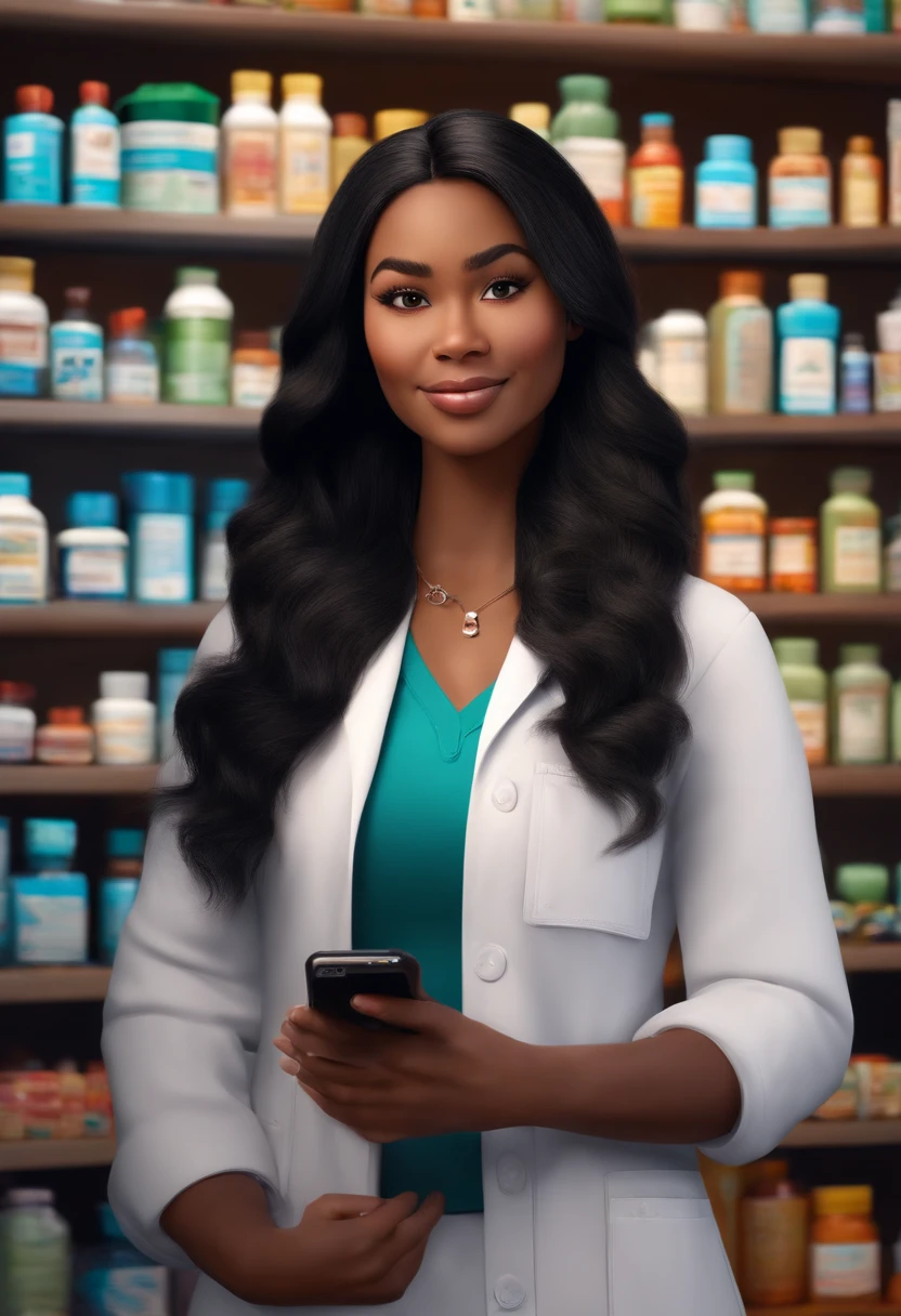 Disney Pixar Women's Pharmacist, Asian and African American White Long Hair, Showing Cell Phone Application for Drugs and Laws