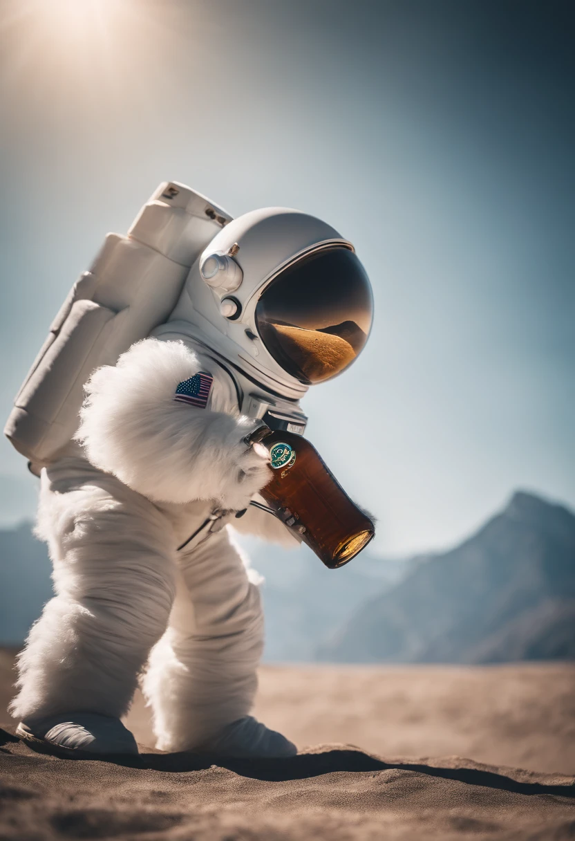A Yeti themed Astronaut costume, yeti head, floating in space, empty space, in the distant center holding a beer, 1/4 of blurred earth in the background, depth of field, beer focus, minimalist photo, floating in outer space