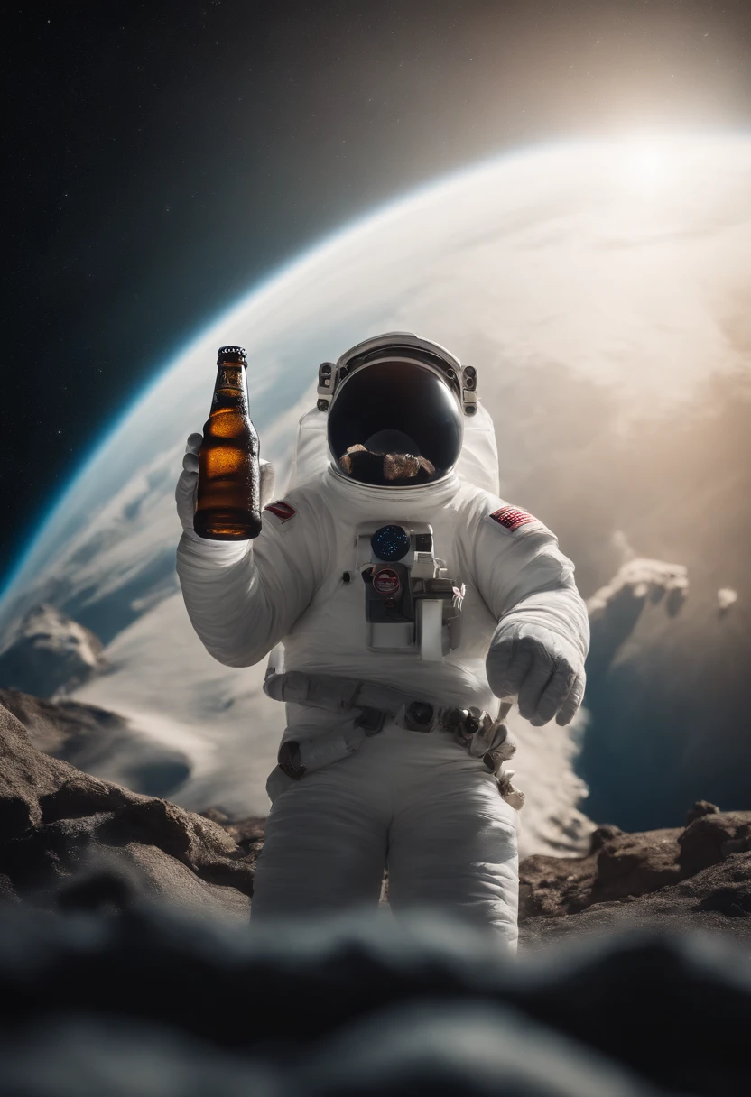 A Yeti themed Astronaut costume, yeti head, floating in space, empty space, in the distant center holding a beer, 1/4 of blurred earth in the background, depth of field, beer focus, minimalist photo, floating in outer space