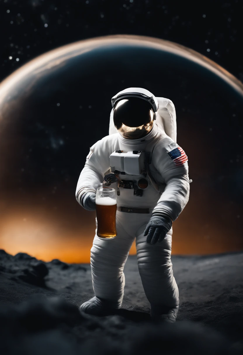 A Yeti themed Astronaut costume, yeti head, floating in space, empty space, in the distant center holding a beer, 1/4 of blurred earth in the background, depth of field, beer focus, minimalist photo, floating in outer space