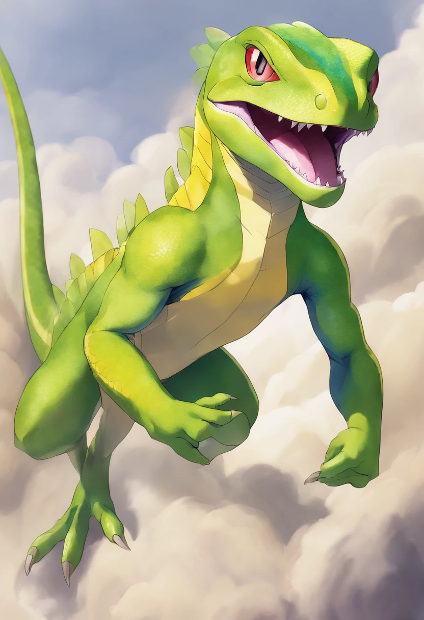 (Best Quality, Masterpiece, Watercolor), solo, (lizard-like pokémon, humanoid  body, muscle, green and yellow body, lizard-like pokémon), classic square anime eyes, yellow eyes, magenta iris, yellow fighting gloves on hands, (blank background)