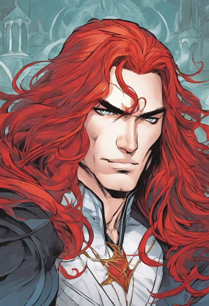 Long red hair male muscular and smooth jawline wearing a black cloak with white x markings on it