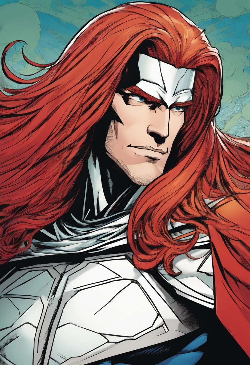 Long red hair male muscular and smooth jawline wearing a black cloak with white x markings on it
