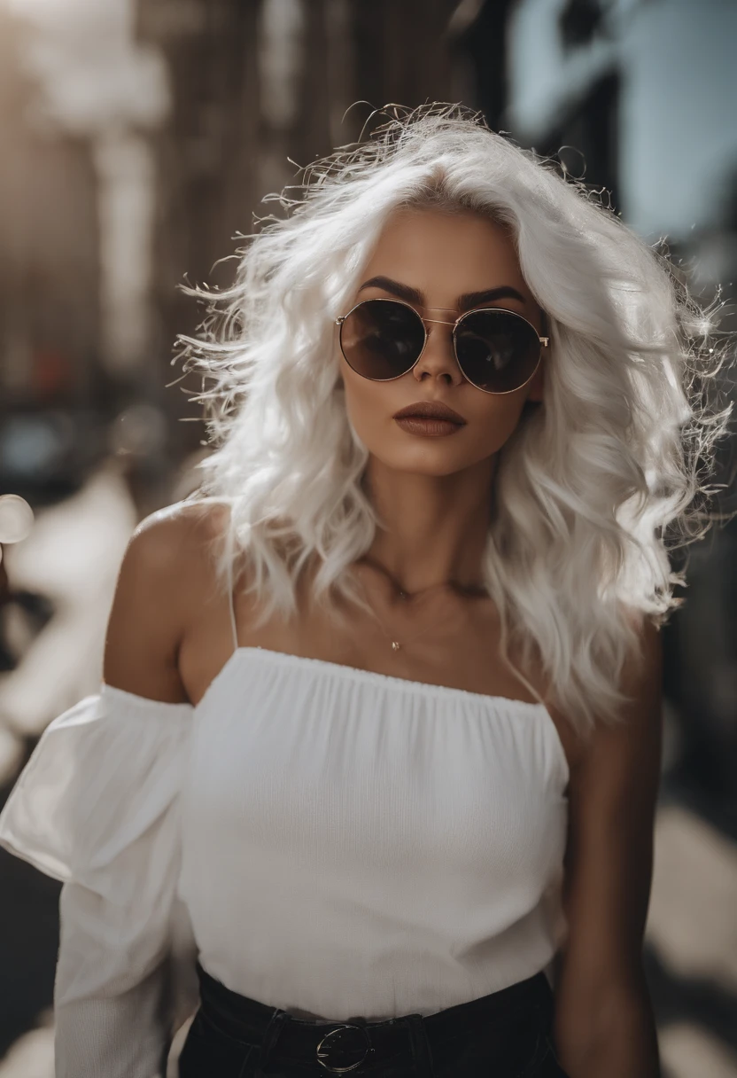 There's a woman with white hair and street clothes posing, bespectacled, sorrindo, corpo inteiro, Modelo feminina de 24 anos, menina do cabelo prateado, menina com cabelo branco, Posando, menina com cabelo branco curto, In the light of a building, por do sol, Ultra sharp focus, Filmagem realista, Women's clothing
, ((filmic grain, detalhes da pele, textura de pele altamente detalhada, 8K HDR, DSLR)), white sneakers, brilhante,