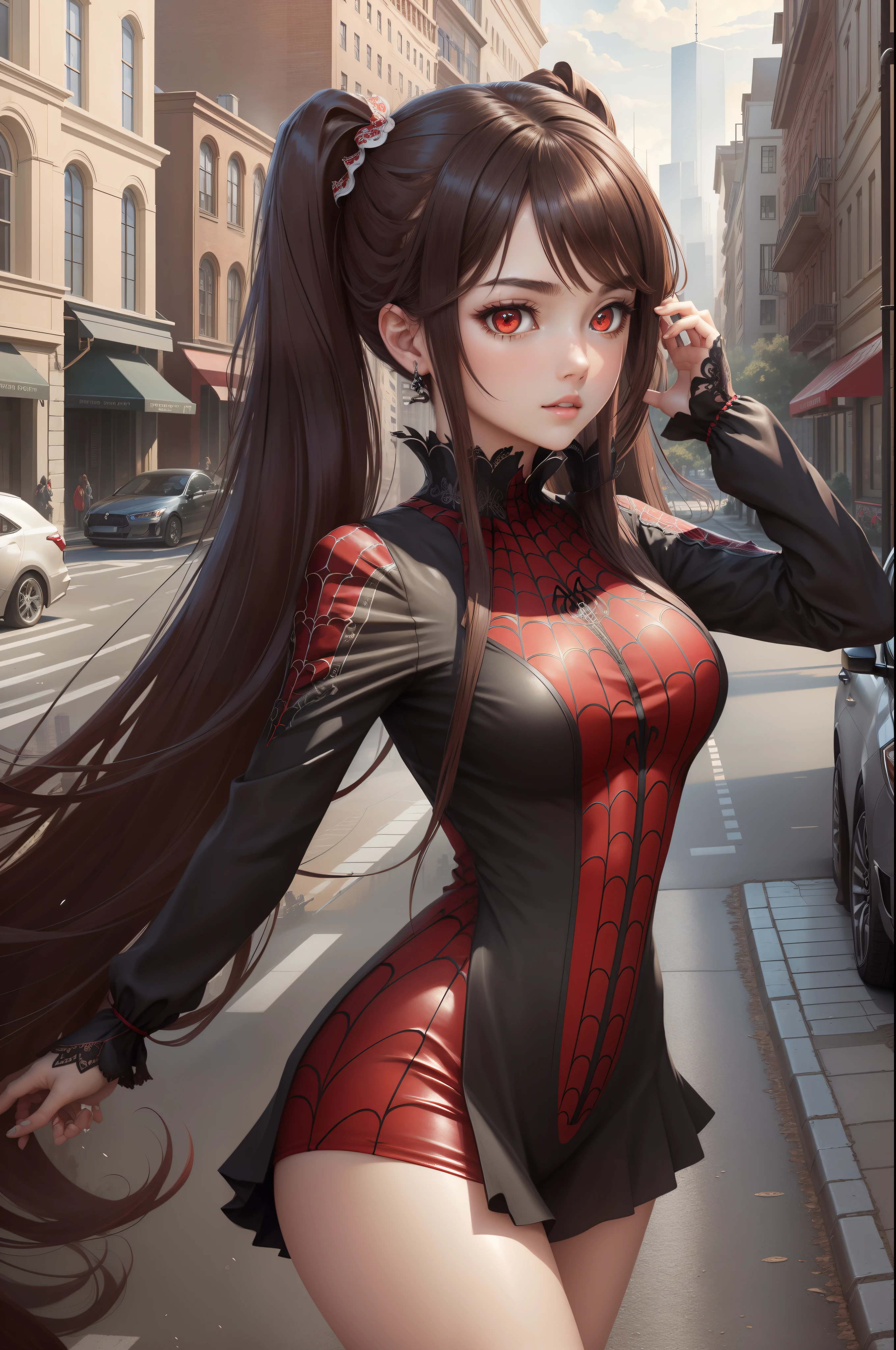 (masterpiece, best quality), intricate details, 8k, artstation, wallpaper, official art, splash art, sharp focus,, 1girl, long hair, twin tails, red eyes, brown hair, , spider swimsuit suit, spider web printing, spider web, , skyscrapers, city, buildings, cars, street, upper body