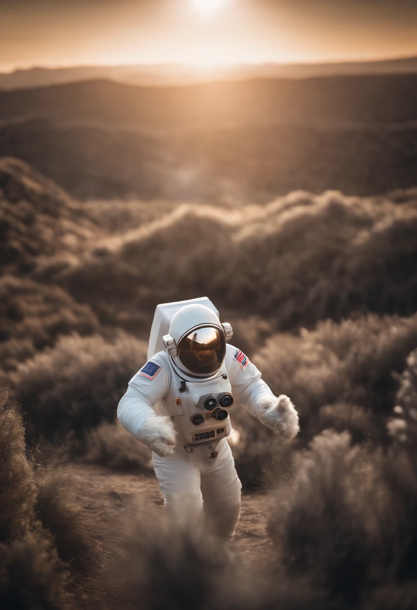 A Yeti themed Astronaut costume, yeti head, floating in space, empty space, in the distant center holding a beer, 1/4 of blurred earth in the background, depth of field, beer focus