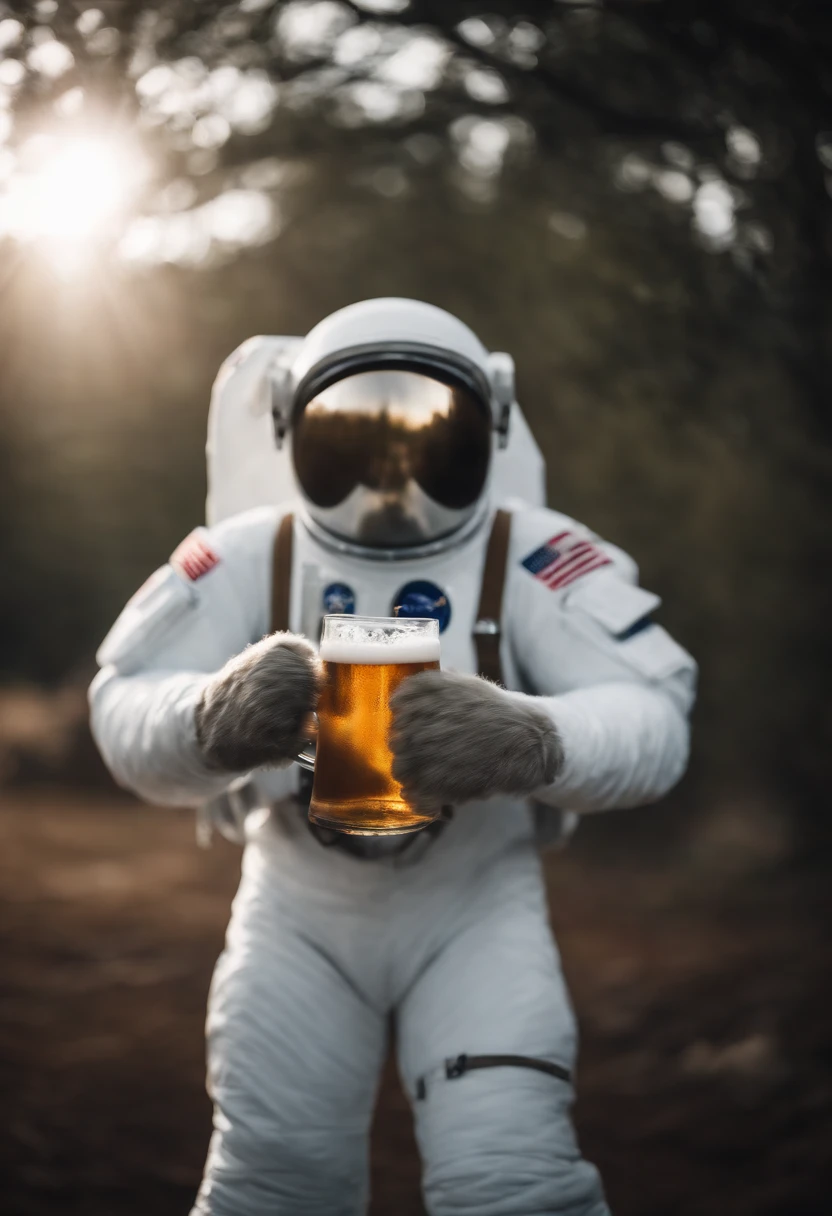 A Yeti themed Astronaut costume, yeti head, floating in space, empty space, in the distant center holding a beer, 1/4 of blurred earth in the background, depth of field, beer focus
