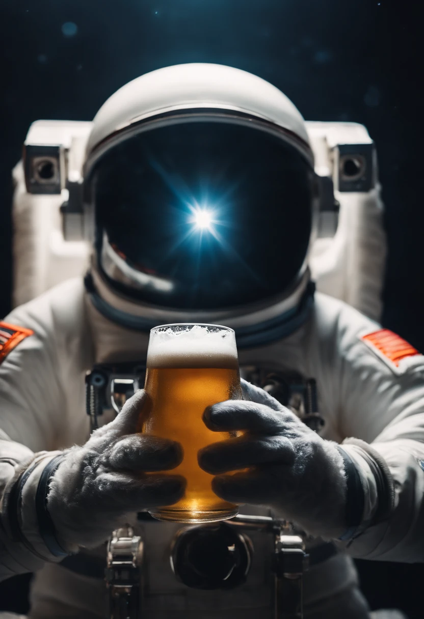 A Yeti themed Astronaut costume, yeti head, floating in space, empty space, in the distant center holding a beer, depth of field, beer focus