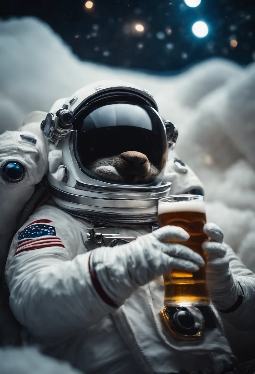 A Yeti themed Astronaut costume, yeti head, floating in space, empty space, in the distant center holding a beer, depth of field, beer focus