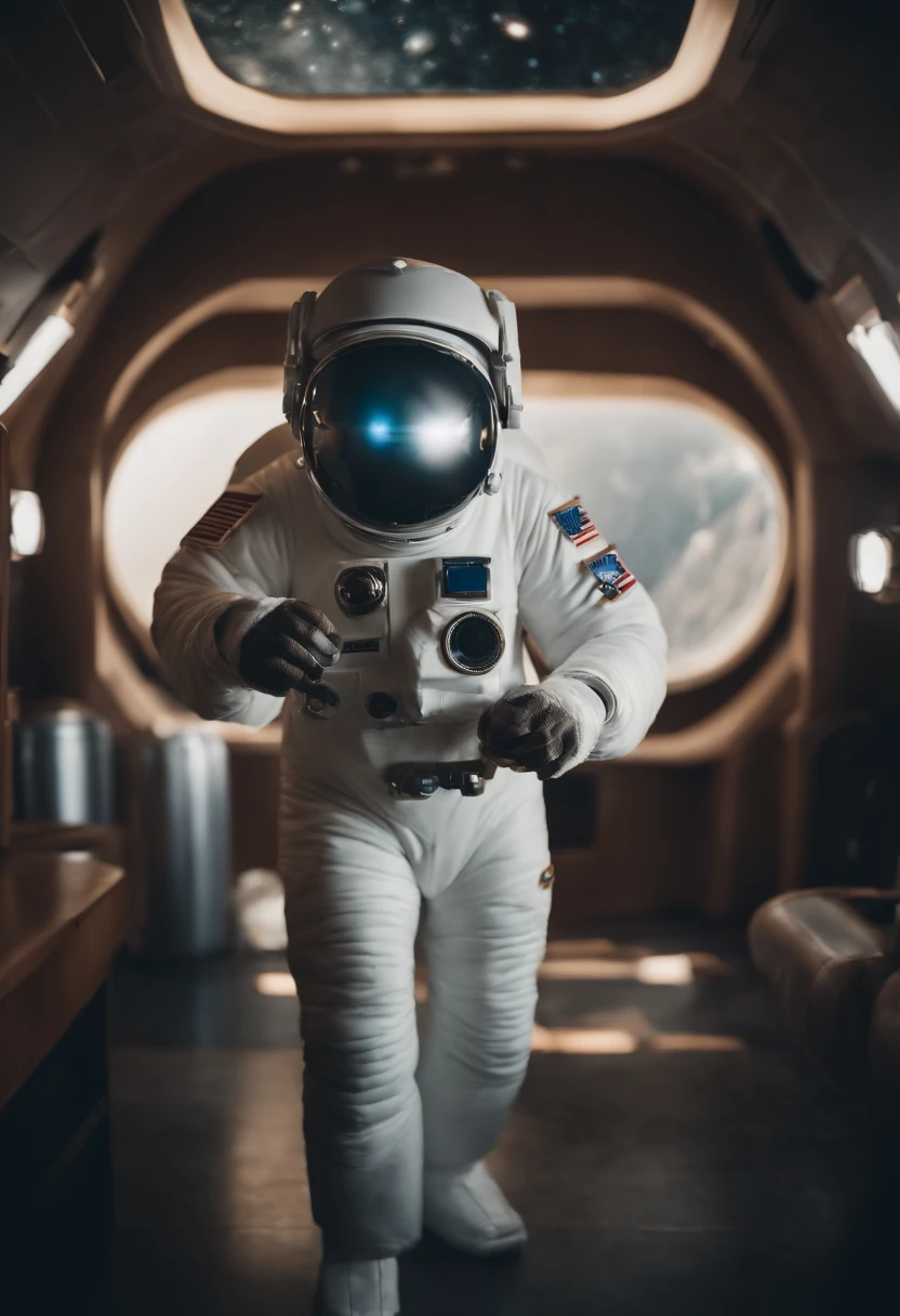 A Yeti themed Astronaut costume, yeti head, floating in space, empty space, in the distant center holding a beer, depth of field, beer focus