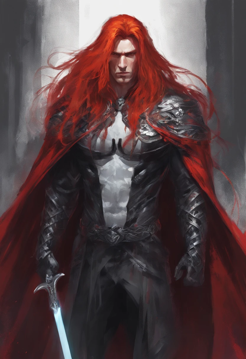 Long red hair male muscular and smooth jawline wearing a black cloak with white x markings on it