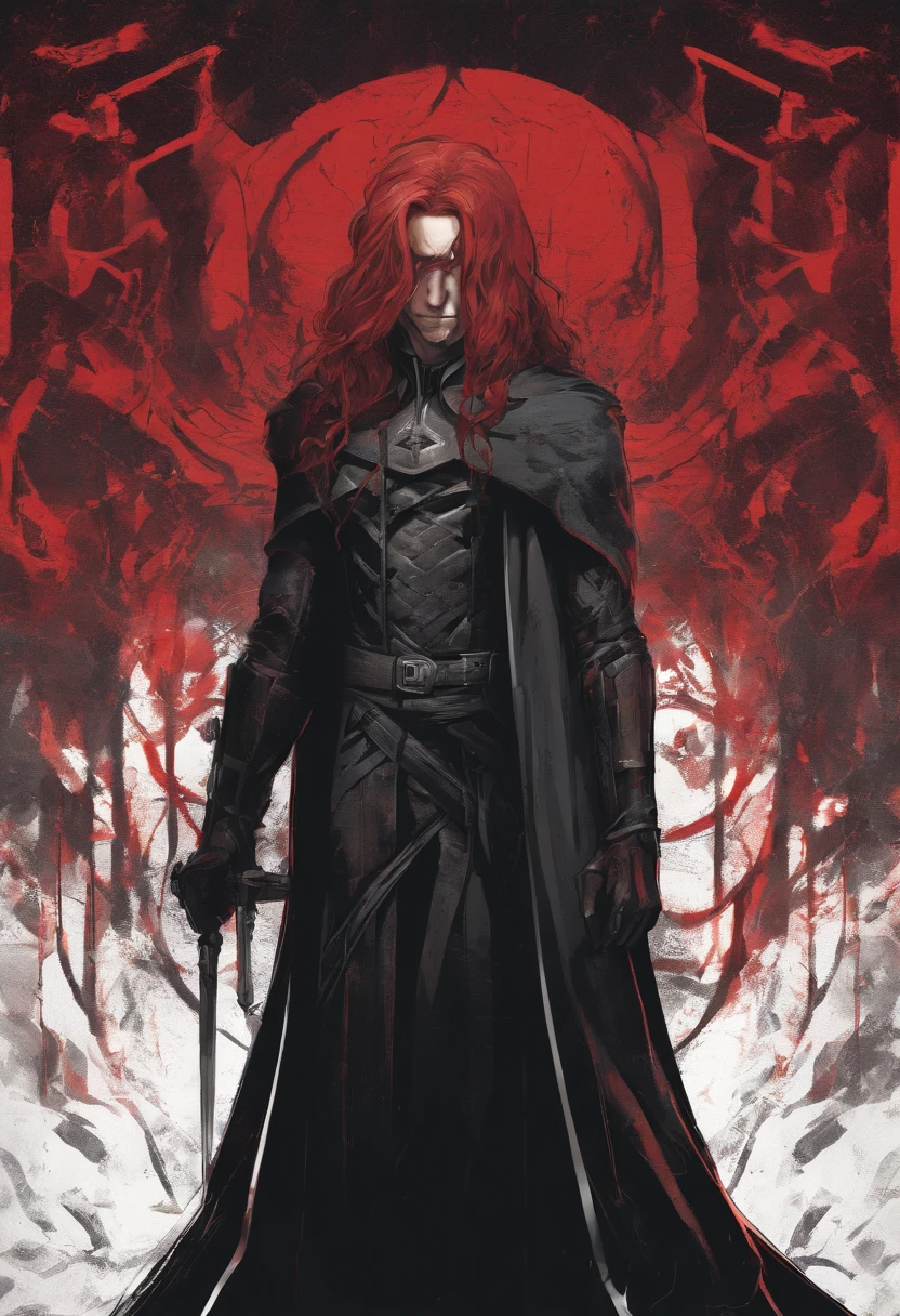 Long red hair male muscular and smooth jawline wearing a black cloak with white x markings on it