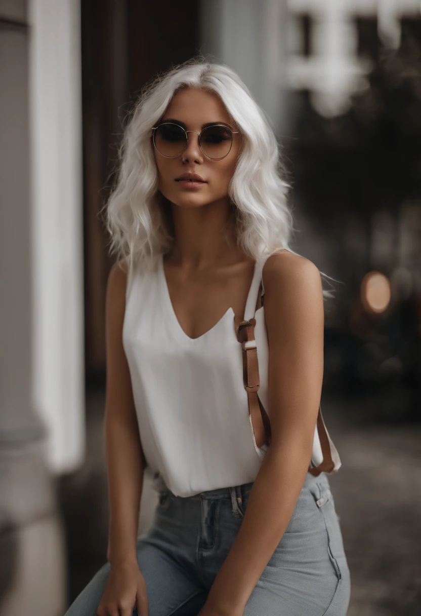 There's a woman with white hair and street clothes posing, bespectacled, sorrindo, corpo inteiro, Modelo feminina de 24 anos, do cabelo prateado, meninaabelo branco, Posando, menina com cbranco curto, In the light of a building, por do sol, Ultra sharp focus, Filmagem realista, Women's clothing
, ((filmic grain, detalhes da pele, textura de pele altamente detalhada, 8K HDR, DSLR)), white sneakers, brilhante,