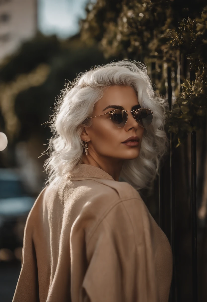 There's a woman with white hair and street clothes posing, bespectacled, sorrindo, corpo inteiro, Modelo feminina de 24 anos, menina do cabelo prateado, menina com cabelo branco, Posando, menina com cabelo branco curto, In the light of a building, por do sol, Ultra sharp focus, Filmagem realista, Women's clothing
, ((filmic grain, detalhes da pele, textura de pele altamente detalhada, 8K HDR, DSLR)), white sneakers, brilhante,