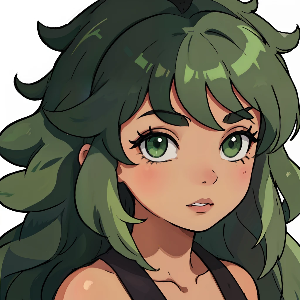 Half Filipino half black, tanned darker skinned, big curly hair, wispy wild hair, mid length hair, round nose, dark green hair, full lips, light green eyes, long lashes, full body, dress flowy, flower background