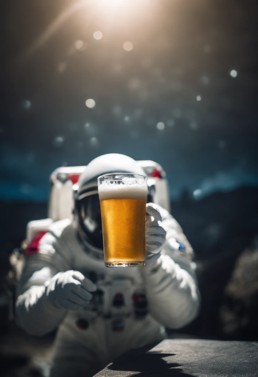 A Yeti themed Astronaut costume, yeti head, floating in space, empty space, in the distant center holding a beer, 1/4 of blurred earth in the background, depth of field, focus on the beer