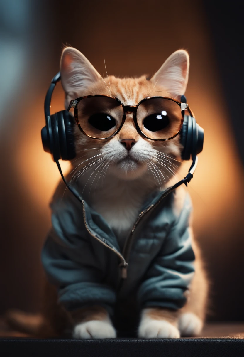 Perfect centering, cute little cat, Wear a jacket, Wearing sunglasses, Wearing headphones, cheerfulness, Standing position, Abstract beauty, Centered, Looking at the camera, Facing the camera, nearing perfection, Dynamic, Highly detailed, smooth, Sharp focus, 8K