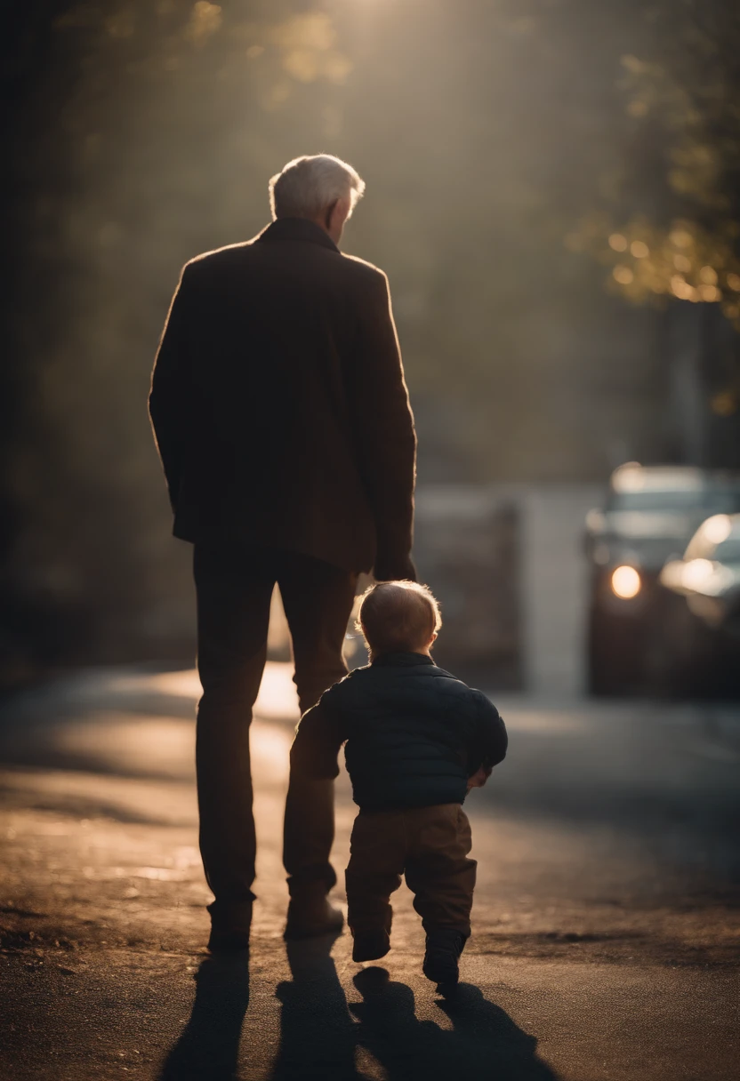 Father holding his little son's hand and walking down the street, 电影灯光, --ar 9:16 ---s 750 --v 5.2