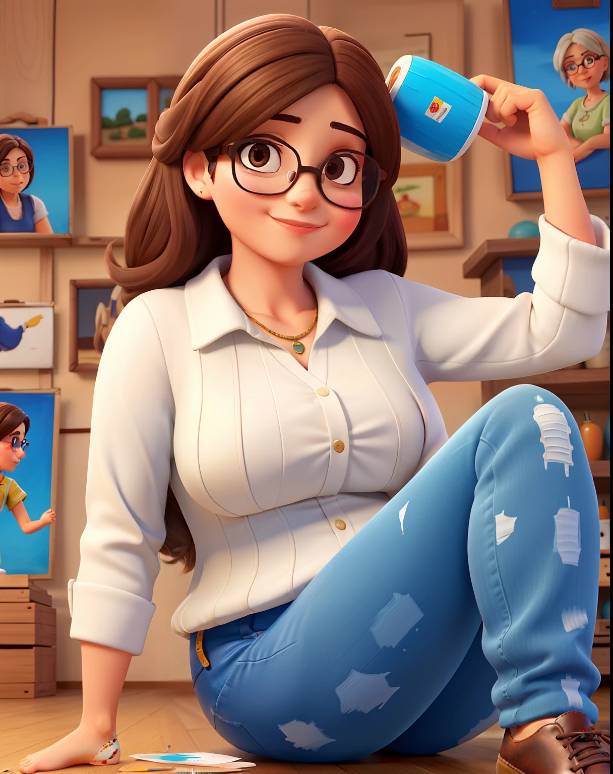 Mulher, gorda, cabelo castanho escuro, cabelos cacheados, wears prescription glasses , pintura em tecido, pintura em sapatos, pintura em jaquetas.