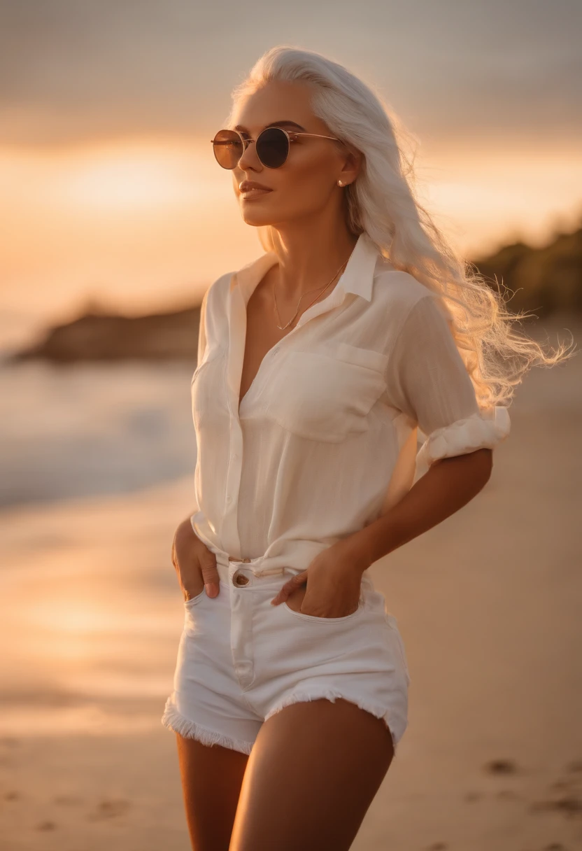 There's a woman with white hair and street clothes posing, na praia, bespectacled, sorrindo, corpo inteiro, Modelo feminina de 24 anos, do cabelo prateado, meninaabelo branco, Posando, menina com cbranco curto, By the light of the beach, por do sol, Ultra sharp focus, Filmagem realista, Women's clothing
, ((filmic grain, detalhes da pele, textura de pele altamente detalhada, 8K HDR, DSLR)), white sneakers, brilhante,