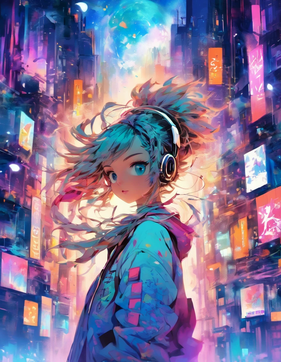 Perfect centering arrangement, There are cute girls everywhere, Wear a student team jacket, Wear sunglasses, Wearing headphones, cheerfulness, Standing position, Abstract beauty, Centered, Looking at the camera, facing camera, nearing perfection, Dynamic, Moon light, high detal, Digital painting, Art Station, concept-art, smooth, Clear focus, 10, High-res, illustration, Art by Carne Griffiths and Wadim Kashin, White background