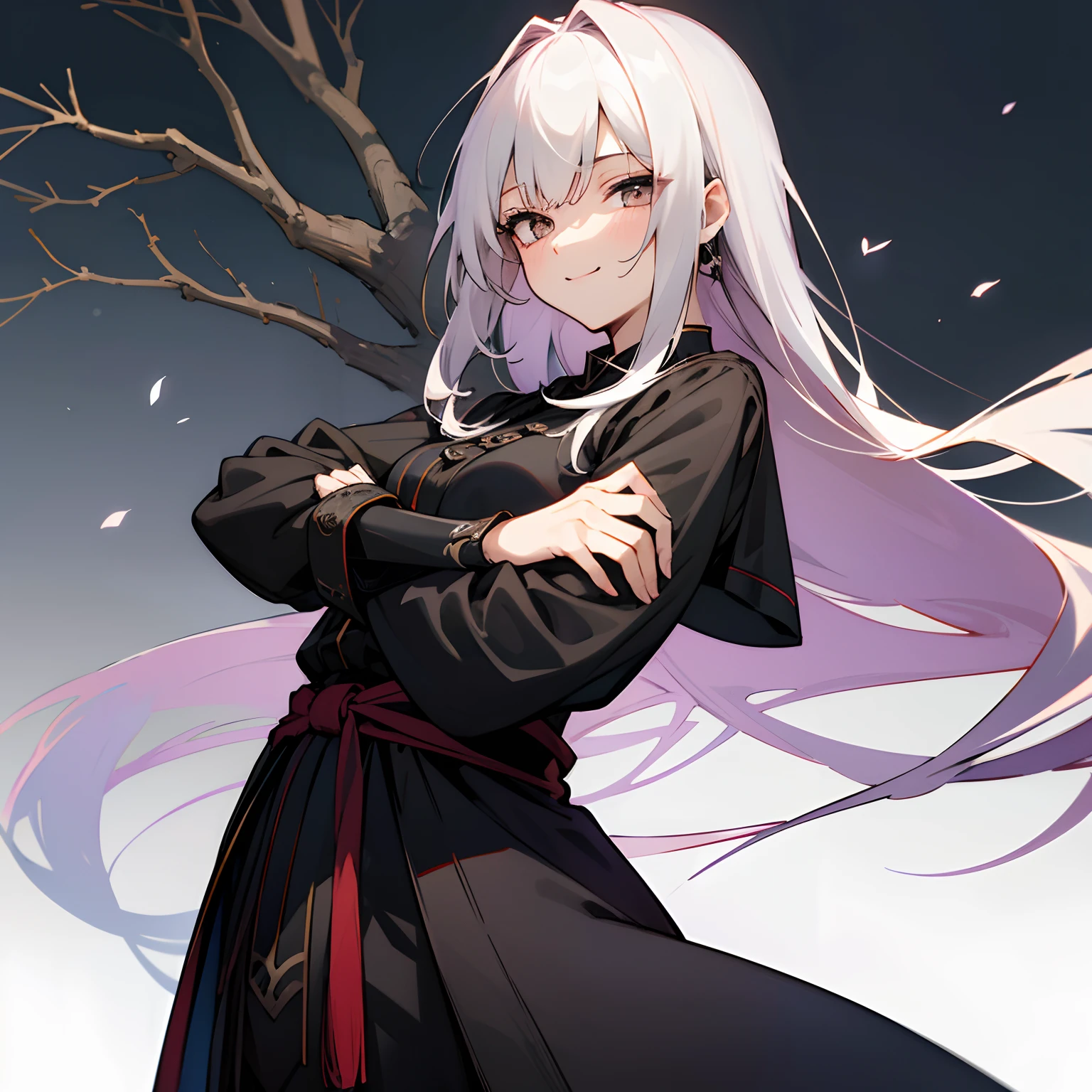 Ein japanischer Junge, 17 Jahre alt, schwarzes, stacheliges und unordentliches Haar, slightly muscular, white eyes, schwarz-grau gestreifter Pullover, silberne Halskette, schwarze Ohrringe, long sleeves, Schwarze Cargohose, blasse Haut, neben einem Baum, tender smile, eckige Brille, ein Armband mit dem Buchstaben "C, Anime-Kunststil, Extrem detailliert