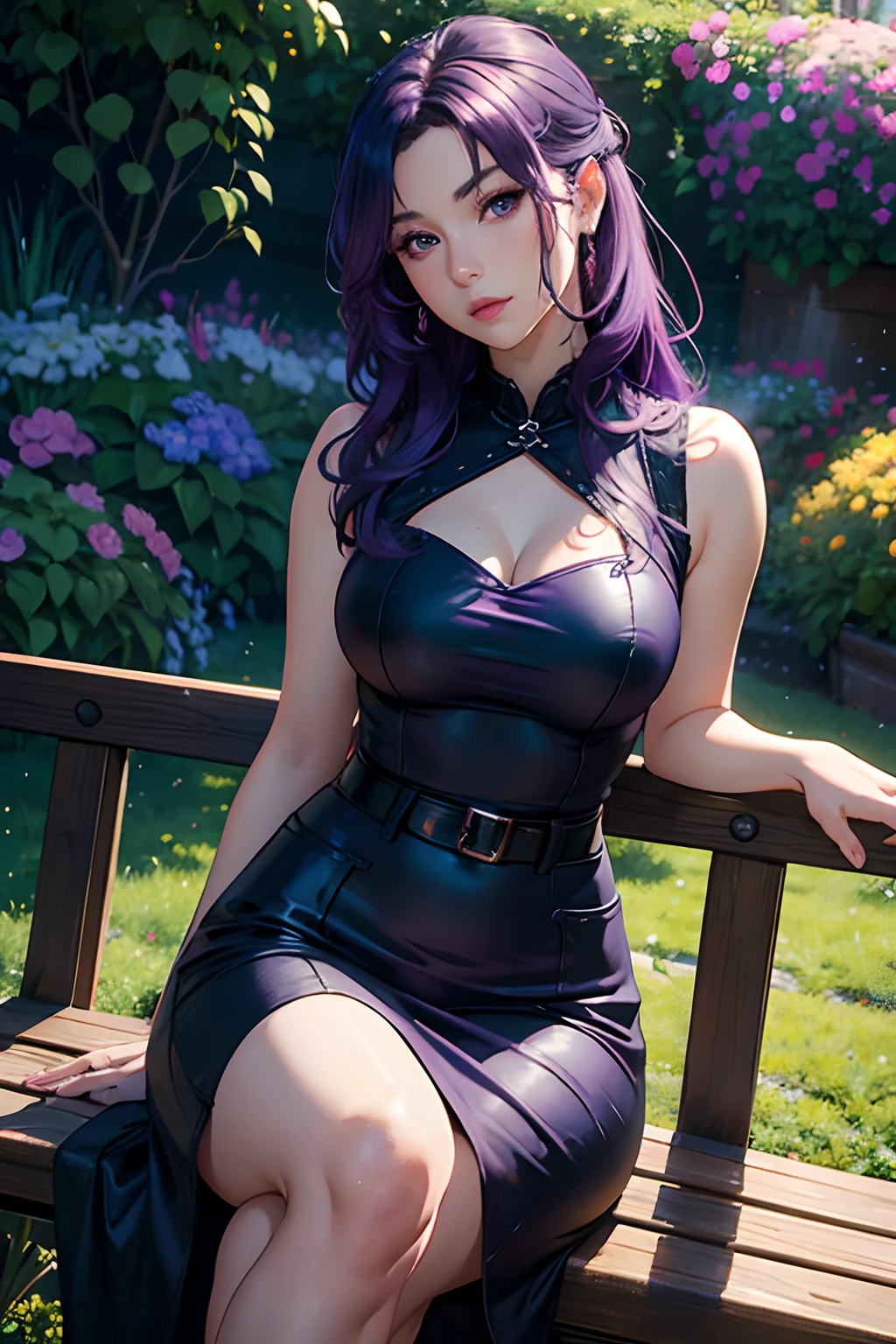 Purple hair, purple eyes, black stiletto heels, purple formal dress