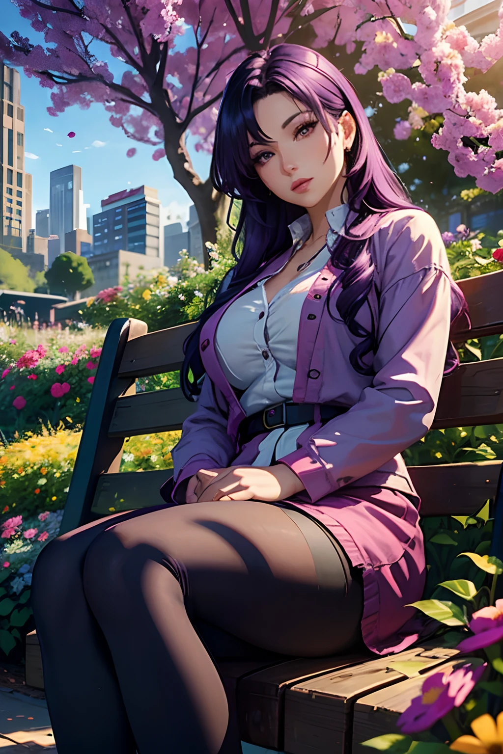 A 30 year old woman in a garden, oil painting, beautiful detailed eyes, beautiful detailed lips, extremely detailed eyes and face, purple hair, long eyelashes, Misato Katsuragi, city background, confident expression, sitting on a bench, colorful flowers, realistic lighting, vibrant colors
