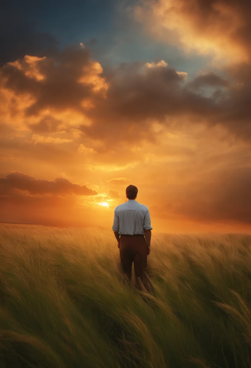 Create a scene of Noah standing in a field, looking up at the sky with a serene expression as he listens to God's voice.